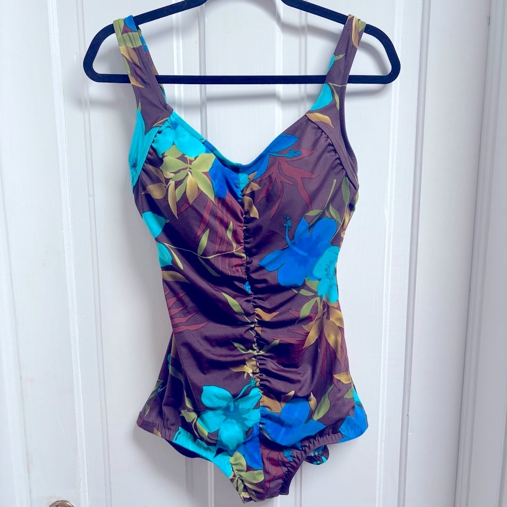 Vintage 70s Rose Marie Reid Swimming Costume One Piece Swimsuit - Blue / Brown - Picture 1 of 8